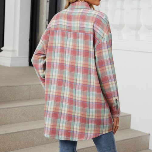 Flannel Plaid Shirts Womens Fall Casual Long Sleeve Button Down Tops Teacher Clothes Thanksgiving Cotton Sweatshirt Tee Y2K Pink - image 3
