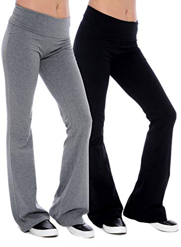 Unique Styles Fold-Over Waistband Stretchy Cotton Blend Yoga Pants (Small-4Pack 2 Black & 2 Grey )