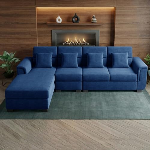 Image of Wood 6 Seater Sofa Set | Velvet Fabric Upholstery | Modern Wooden Frame Sectional Couch with Cushions for Living Room, Home & Office (Blue)