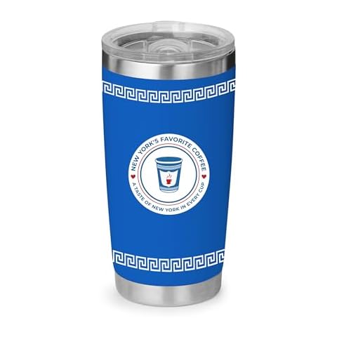 New York's Favorite Coffee New York Greek Anthora Style 20oz Blue Coffee Tumbler with Mag Lid - Logo - Spill-Proof Travel Mug with Clear Mag Lid Cover