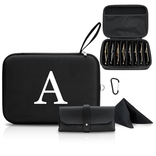 erigerna Estojo organizador de óculos de sol com inicial personalizada, presente de aniversário para mulheres e homens, 2 peças, capa rígida de EVA com mosquetão de metal, 8 compartimentos ajustáveis