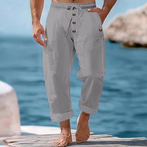 Finelylove Mens Casual Summer Linen Pants Relaxed Fit Button Beach Pants Elastic Waist Drawstring Long Lounge Yoga Trousers2
