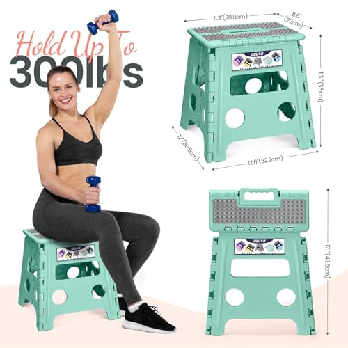 Image of Delxo Folding Step Stool 13 Inch Non-Slip Foldable Stools for Kids & Adults Up to 300 LBS Kitchen Collapsible Fold Up Stepping Stool with Dotted 1 Pack Green