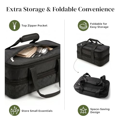 Image of DOWAN Insulated Casserole Carrier - Double Decker Food Delivery Bag Fits 9x13 Baking Dish, Expandable Lasagna Lugger Tote for Hot or Cold Food, Potluck, Picnic, Camping, BBQ - Black
