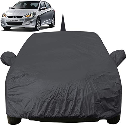 Image of Verna Fludic Dustproof Car Cover with Mirror & Antenna Pockets, Grey Color, Taffeta Polyster,Triple Stitched, Compatible with Hyundai Verna Fludic Car Cover (2011 to 2016), Car Accessories