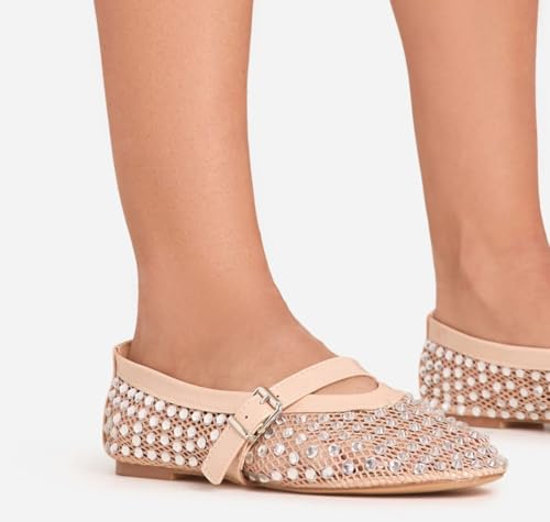 LEMONADE Women's Diamante Fishnet Detail Buckle Strap Flat Ballet Pump2