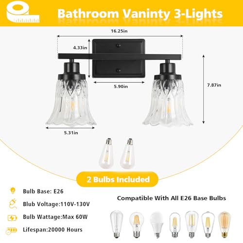 Image of JOPESO Bathroom Light Fixtures,Matte Black 2-Light Bathroom Lights Over Mirror with Glass Shade,Bathroom Wall Sconce Lamp for Mirror Living Room Bedroom Hallway (Black, 2-Light)