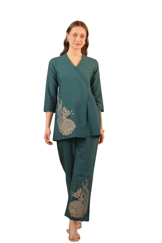 jisora Women's Teal Embroidery Cotton Flex Co-ord Set-picture-24