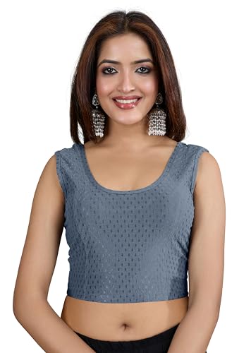 Image of TRENDMALLS Women's Dobby Pure Cotton Elastin Stretchable Readymade Round Neck Sleeveless Blouse Choli Stylish Saree Blouse Ready to Wear