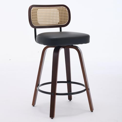 Image of YaFiti Swivel Bar Stools Set of 4, 26 inch Rattan Counter Height Bar Stools, Swivel Counter Stools with Cane Back & Upholstered Seat for Island /Kitchen /Counter /Bar (Dark Black)