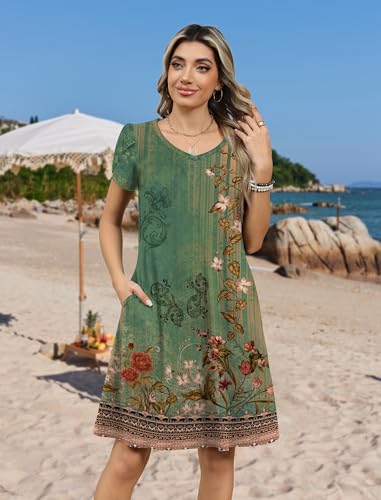 Image of Zeagoo Womens Summer A-Line Dress with Pockets Mini Short Sleeve Dresses Flowy Beach Swing Dress 2026 Vacation Travel