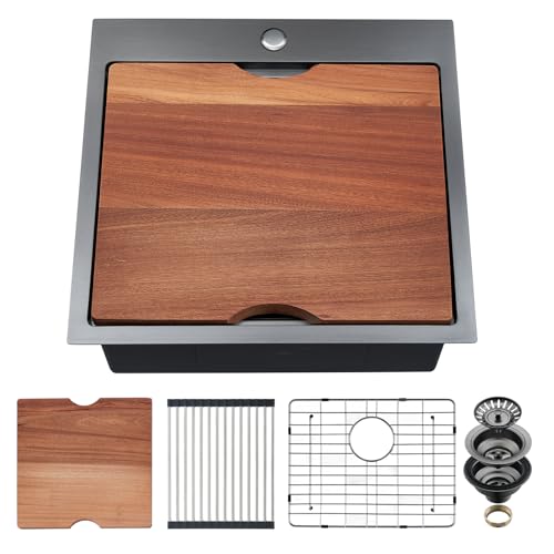 EcoChannels Kitchen Sink, 21 x 20 x 10 Drop in Kitchen Sink 16 Gauge Gunmetal Black Stainless Steel Workstation Sink Topmount Kitchen Sink Single Bowl with Cutting Board