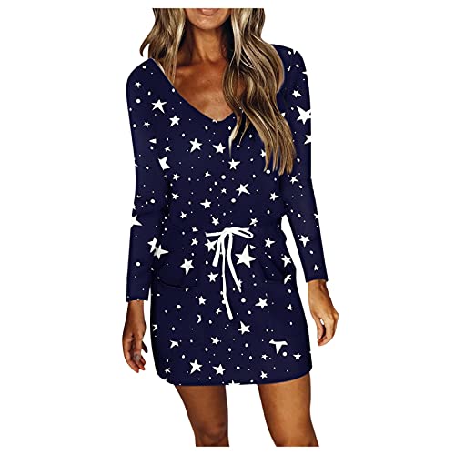 FRETRG Women s Autumn Long Sleeves V-Neck Dreamcatcher Prints Waist Drawstring Dress (Navy, XXL)