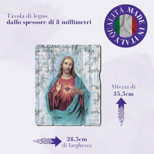 Fratelli Bonella, Bild des Heiligen Herzens Jesu, Vintage-Stil, Pappelholz, Dicke 8 mm, religiöses Bild, Schlafzimmer, 28,5 x 35,5 cm, 100 % Made in Italy