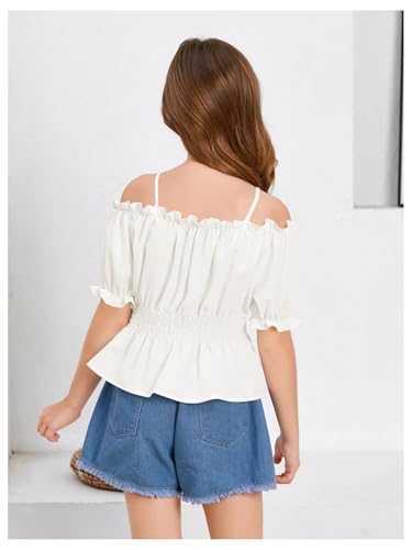 WDIRARA Girls Cold Shoulder Top Cute Ruffle Trim Puff Sleeve Shirt Casual School Holiday Peplum Blouse3