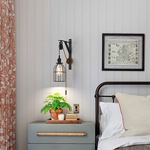 Image of Plug in Pendant Light, Farmhouse Pulley Wall Lamp with 7-Foot Brown Plug in Cord & Switch, Industrial Hanging Lamps that Plug into Wall Outlet