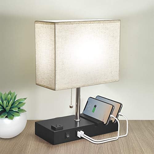 Bedside Lamp for Bedroom,3 Phone Stand Base Modern Table Lamp with Natural Daylight, 2 USB Charging Ports, AC Outlets,Winshine Nightstand Lamp Fabric Linen Lampshade E26 LED Bulb Included