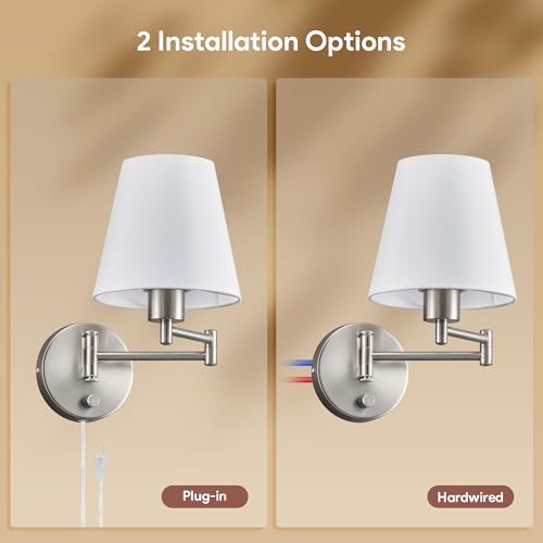 Image of VONLUCE Wall Sconce Set of 2, Plug in & Swing Arm Wall Lamps, Nickel Finish | Modern Wall Lights with White Fabric Shades, Plug in & Hardwired Wall Mounted Light for Bedside, Living Room, Hallway