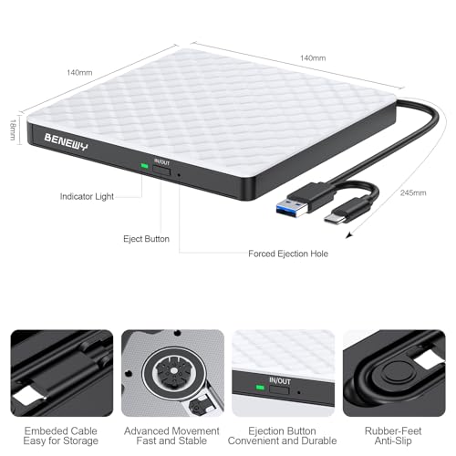 Image of BENEWY External CD /DVD Drive for Laptop, USB 3.0 USB C CD Burner DVD /CD ROM Disc Drive Reader External DVD Drive DVD Player for Laptop PC Desktop Windows 11 /10 /8.1 /7 MacBook Mac Linux OS Apple White