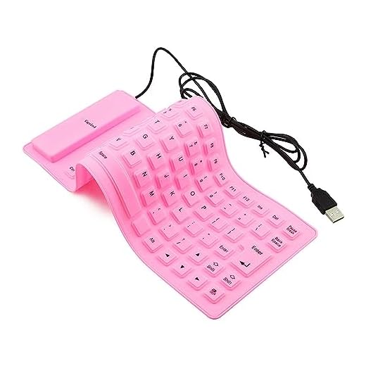 Super Space Foldable Silicone Keyboard, USB Waterproof Travel Gaming Wired Keyboard, Rollup Wired Keyboard with 4.14ft Cable Compatible with Windows, PC, Laptop, Mac Notebook Full Size (Pink)
