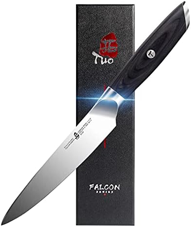 TUO Kitchen Utility Knife - 5 inch Kitchen Cooking Knife Paring Knife- German HC Steel Non-Serrated Steak Knife - Full Tang Pakkawood Handle - Falcon Series with Gift Box