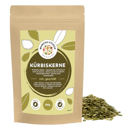 Semillas de calabaza 250g de Munchilycious, semillas de calabaza crudas y peladas para comer, snacks de nueces, snacks keto, aderezo perfecto para cereales, granola o gachas de desayuno