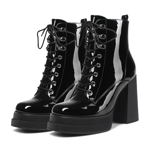Women's Platform Ankle Boots Chunky High Heel Square Toe Stretch Short Gogo Combat Boots Booties for Women (not for wide calf)3