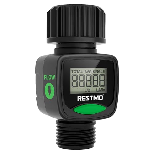 RESTMO Water Flow Meter, High Measure Accuracy, Measure Gallon/Liter Consumption and Flow Rate for Outdoor Garden Hose Watering, RV Water Tank Filling, Lawn Sprinkler and Nozzle Sprayer
