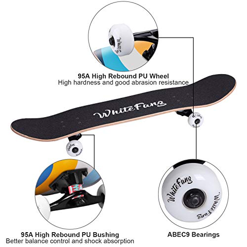 Image of WhiteFang Skateboards for Beginners, Complete Skateboard 31 x 7.88, 7 Layer Canadian Maple Double Kick Concave Standard and Tricks Skateboards for Kids and Beginners