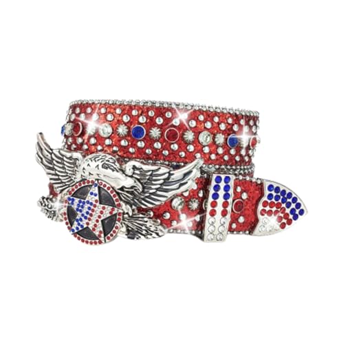 Rhinestones Leather Belts Bling Studded Western Shiny Sequin Strap with Engraved Flying Eagle Round-Star Buckle
