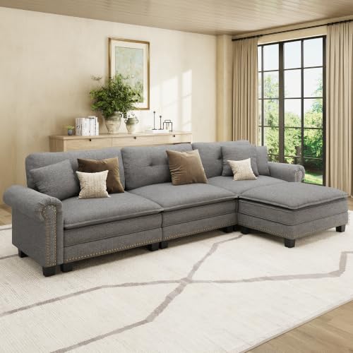 Image of HERA'S HOUSE 116 inch Oversized L Shaped Modular Sectional Couch Living Room | Mid-Century Modern 4-Seater Cloud Sofa, Dark Gray, Rolled Arms & Nailhead Trim, Wider & Deeper Seats, Ottoman, Linen