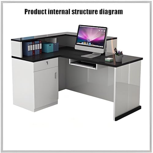 Modern L-Shaped Reception Desk with LED Lights, Stylish Wooden Front Counter with Lockable Drawer, Ideal Office Desk for Classrooms & Reception Areas (White/Gray, 55in)