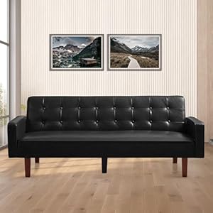 KIKO Futon Sofa Bed,Modern Faux Leather Convertible Sofa Couch Futon Bed, Button Tufted Convertible Sleeper Sofa Bed with Adjustable Backrest for Small Spaces Living Room Home Office Hotel (Black)
