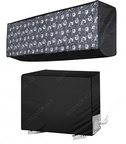 Image of Split AC Cover Combo Set 1.5 Ton | Indoor Outdoor Waterproof & Dustproof Protection | Durable, Breathable Fabric | These Covers Help Maintain Airflow | Black White Floral