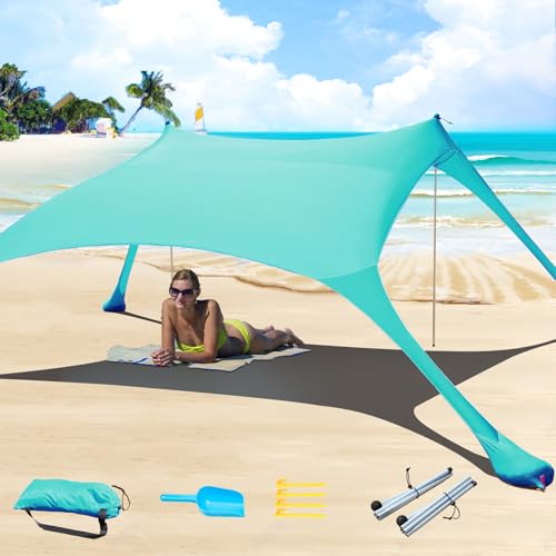 Cuupo Tenda da spiaggia pop-up in lycra, 2 x 2,1 m, SPF 50, parasole per esterni e giardini, anti-vento, con paletti di stabilità e telo da spiaggia, turchese