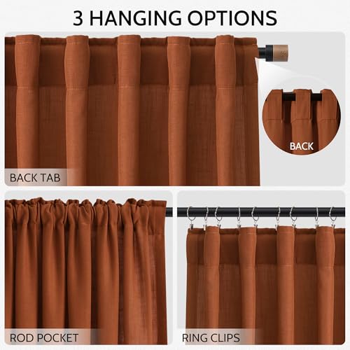Image of Rust Linen Curtains 108 Inches Long for Living Room Light Filtering Semi Sheer Curtain Back Tab Vintage Rustic Decor Extra Long Floor to Ceiling High Window for Bedroom Office 52x108, 2 Panels