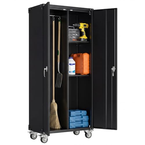 DUMOS 72 Metal Garage Storage Cabinet with Wheels Tall Rolling Steel Tool Organizer with Adjustable Shelves and Locking Doors Lockable File Cabinet for Garage Home Office Warehouse Black