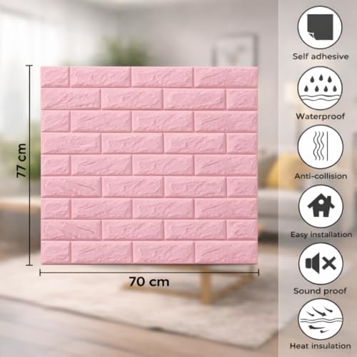 Image of 3D Self Adhesive Foam Brick Wallpaper Peel and Stick Waterproof Wall Panels Soundproof Wall Sticker for Living Room Bedroom Kitchen Home Office Interior Decoration (Pack of 10, Pink)
