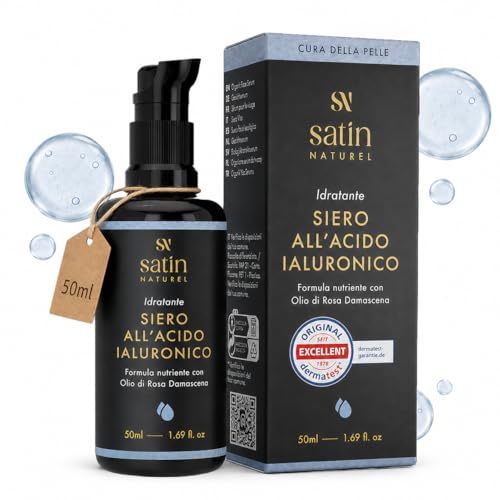 Satin Naturel Siero Acido Ialuronico ad Alta Efficacia 50 ml – Trattamento Viso Bio all’Acido Ialuronico – Siero Idratante Anti Age – Vegan – Idratazione 24 h – Cura del Viso per Donne e Uomini