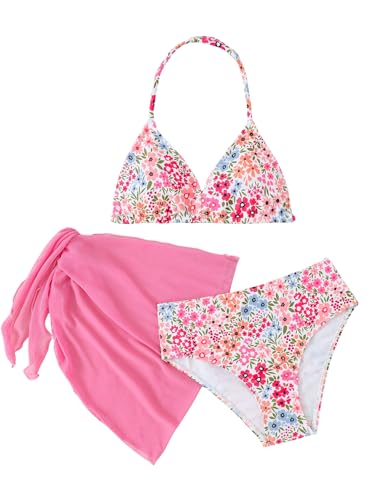 Image of SEGT Girl's 3 Piece Striped Bikini Swimwear Cute Swimsuits Bathing Suit High Waisted with Cover Up Beach Skirt