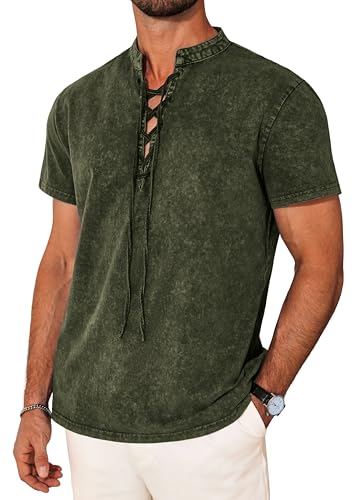 Beotyshow Henley Shirts Distressed Camicia estiva da uomo, a maniche corte, stile retrò, per il tempo libero, hippie, Verde 1, XXL