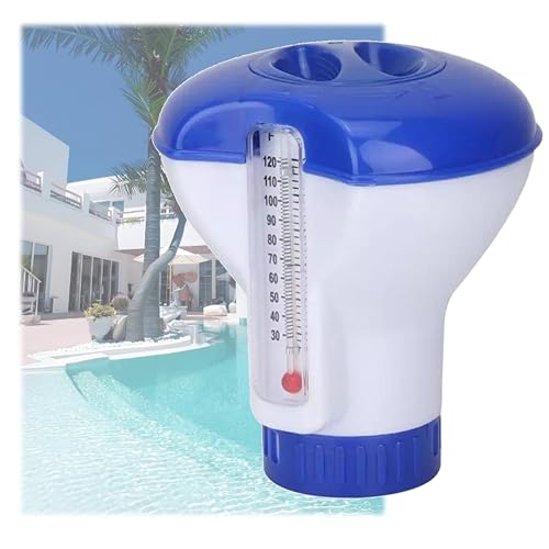 Dispensador flotante con termómetro, dispensador flotante de tabletas de cloro, dispensador de tabletas de cloro, flotador químico ajustable para piscinas interiores y exteriores, jacuzzis