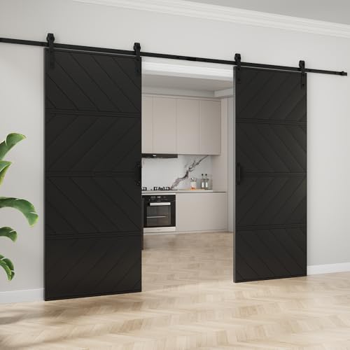 Image of 72 inchx84 inch Black Barn Door with 13.2FT Sliding Door Kit & Handle, Floor Guide | Pre-Drill Holes Double Barn Door For Easy Assembly, Solid Core Wood Sliding Barn Door for Water-Resistant & Sound Reduction
