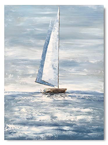 Yihui Arts Nautical Canvas Wall Art - Sailing Boat Painting - Modern Blue and White Abstract Coastal Pictures - Vertical Artwork for Living Room Bedroom Bathroom Decor - Image 2