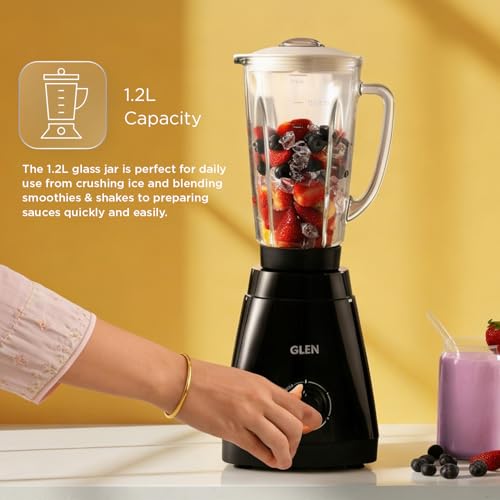 Image of Glen 550W Mixer Grinder with 1.2L Glass Blender Jar & 400ml Stainless Steel Grinder Jar, 3-Speed + Pulse, Ice Crushing, Smoothies, Shakes, Sauces & Hot Liquid Blending, ISI Certified, SA4046BGJ