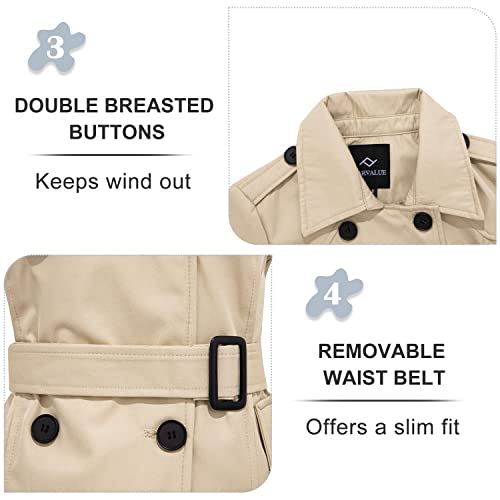 FARVALUE Women's Waterproof Trench Coat Double Breasted Windbreaker Classic Belted Lapel Overcoat with Removable Hood Khaki 3X-Large
