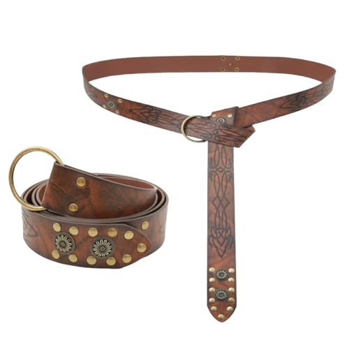 Wasise Medieval Belt - 170CM Brown Leather Belt, Renaissance Style O-ring Belts with Metal Rings Rivets, Medieval Viking Belts,Medieval Viking Waistband for Renaissance Knight Costume LARP Accessories