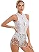 winying Women's Shiny Sequin Tassel Latin Jazz Dance Leotard Mesh Patchwork Bodysuit Dance Costume 3# White Small