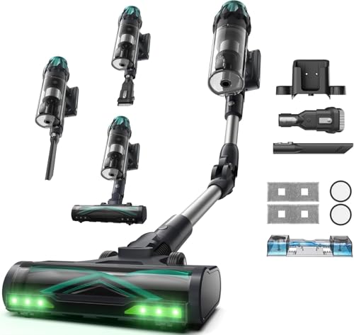 Vexilar V15Max Cordless Vacuum Cleaner with Mop, 65KPA/600W/60Mins, Flexible Foldable Tube, Green LED, 1.5L Dustbin, Self-Standing, Wall Mount Charging, Anti-Tangle Stick Vacuum for Carpet Pet Hair