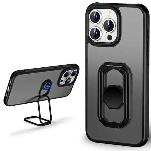 WINTONG Funda para iPhone 14 Pro Max con soporte de metal, funda trasera mate con soporte de doble anillo, soporte para dedo, plegable y ajustable, funda protectora translúcida a prueba de golpes,